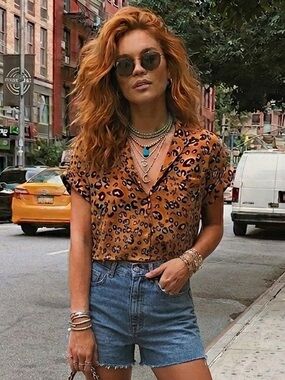 Kaii Mustard Golden Orange and Black Leopard Print Button Down Cropped Blouse